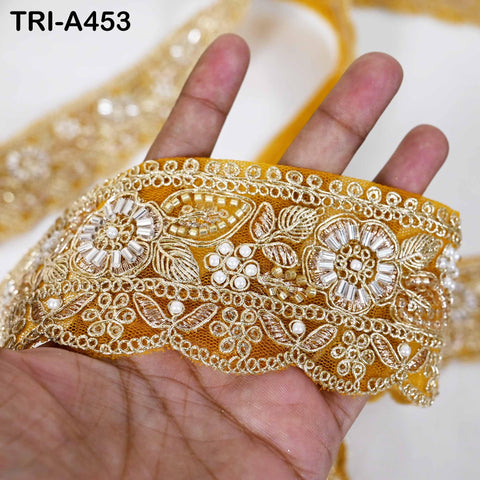 Yellow Indian Beaded Trim Ribbon – Gold Zari Embroidery Sari Border (5cm)