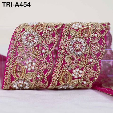 Magenta Indian Beaded Trim Ribbon – Gold Zari Embroidery Sari Border (5cm)