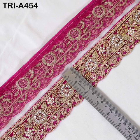Magenta Indian Beaded Trim Ribbon – Gold Zari Embroidery Sari Border (5cm)