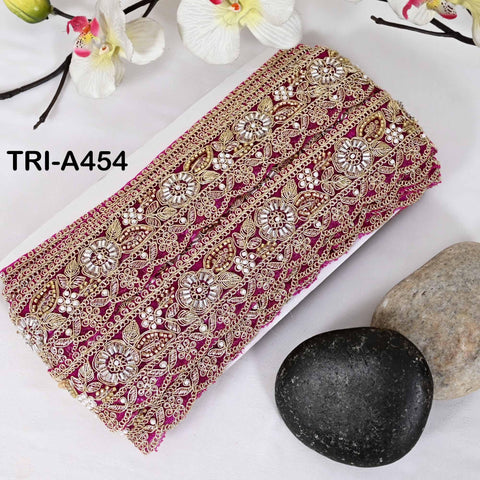 Magenta Indian Beaded Trim Ribbon – Gold Zari Embroidery Sari Border (5cm)