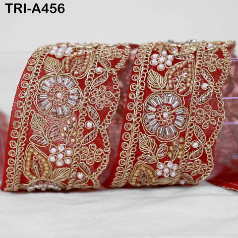 Red Indian Beaded Trim Ribbon – Gold Zari Embroidery Sari Border (5cm)