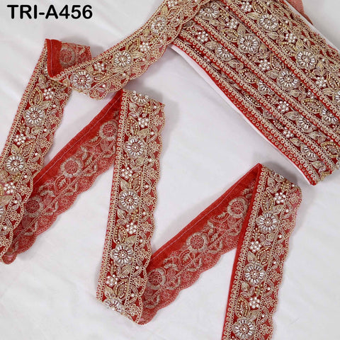 Red Indian Beaded Trim Ribbon – Gold Zari Embroidery Sari Border (5cm)