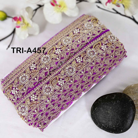 Beaded Sari Border Trim: Gold Zari Embroidery on Purple Net Fabric (5cm Wide)
