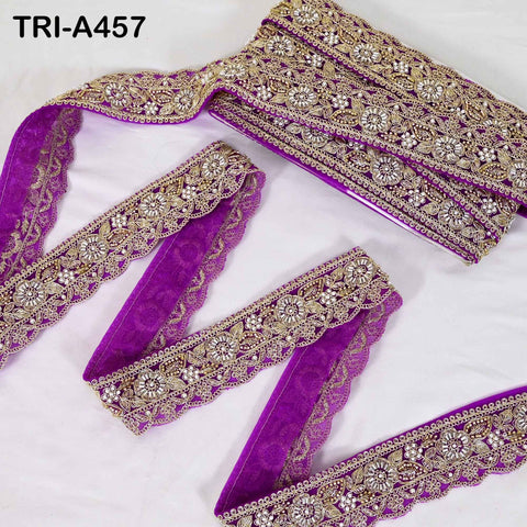 Beaded Sari Border Trim: Gold Zari Embroidery on Purple Net Fabric (5cm Wide)