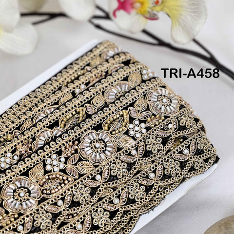1 Meter Embroidered Beaded Trim: Black Net Fabric, Gold Zari, 5cm Wide