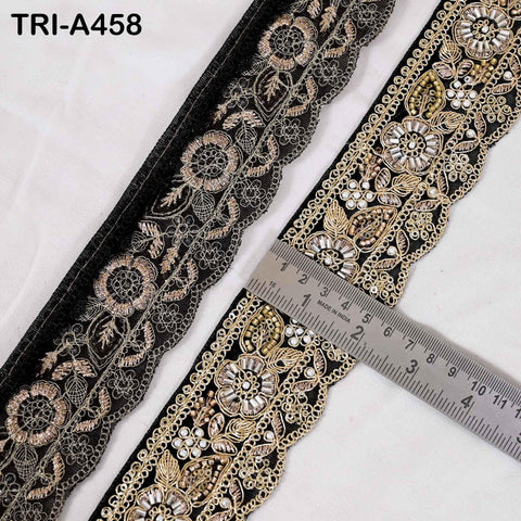 1 Meter Embroidered Beaded Trim: Black Net Fabric, Gold Zari, 5cm Wide