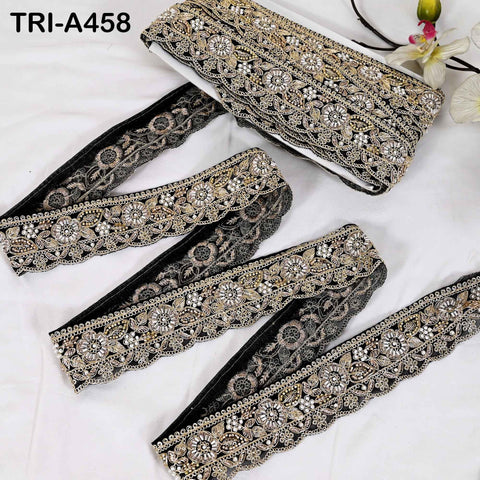 1 Meter Embroidered Beaded Trim: Black Net Fabric, Gold Zari, 5cm Wide