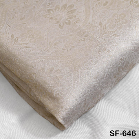 Pure Silk Tissue Jacquard Crepe Fabric Damask Gold Border, White Sheen (44" Width)