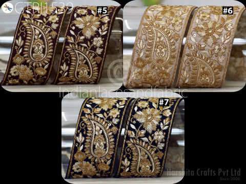 The image is a collage of three photographs showcasing different designs of decorative fabric with intricate patterns and embroidery.
