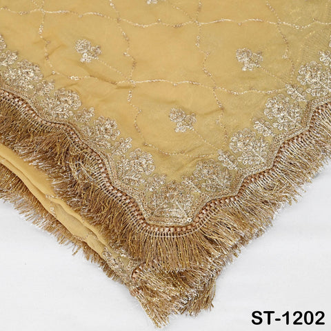 a close-up view of a decorative fabric with intricate gold embroidery and fringe details. The fabric appears to be a shawl or scarf, with a golden color and a scalloped edge. The image does not contain any text or other discernible objects or actions.