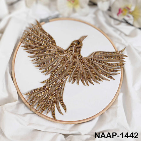 Embroidered Flying Bird Appliqués big size : Golden Zari Thread, Beaded Indian Patches
