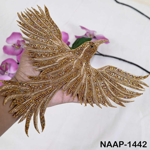 Embroidered Flying Bird Appliqués big size : Golden Zari Thread, Beaded Indian Patches