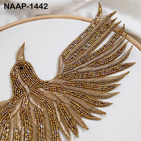 Embroidered Flying Bird Appliqués big size : Golden Zari Thread, Beaded Indian Patches
