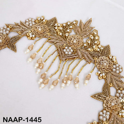 Antique Gold Zardozi Neckline Applique, Hand Beaded Neck Patch with Pearl Fringe for Couture Dresses, Lehenga Blouse & DIY Crafts