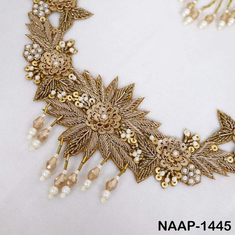 Antique Gold Zardozi Neckline Applique, Hand Beaded Neck Patch with Pearl Fringe for Couture Dresses, Lehenga Blouse & DIY Crafts