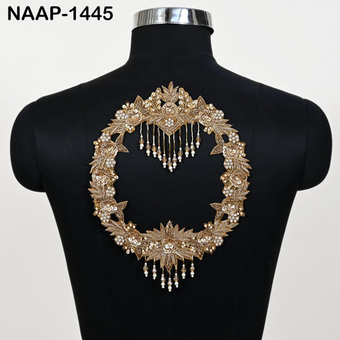 Antique Gold Zardozi Neckline Applique, Hand Beaded Neck Patch with Pearl Fringe for Couture Dresses, Lehenga Blouse & DIY Crafts