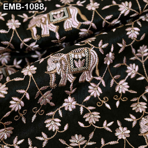 Embroidered Viscose Fabric by the Yard: Indian Elephant & Floral Design (1 Yard)