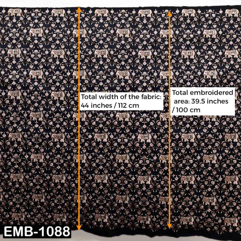 Embroidered Viscose Fabric by the Yard: Indian Elephant & Floral Design (1 Yard)