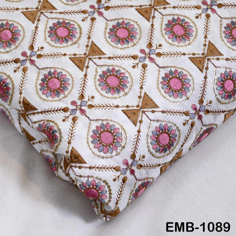 Brown Embroidered Viscose Modal Satin Fabric by the Yard (44" Width)