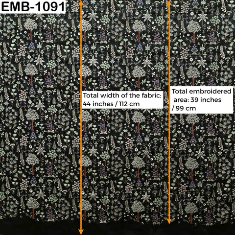 Black Embroidered Viscose Fabric: Gold Sequin Floral Pattern (1 Yard)