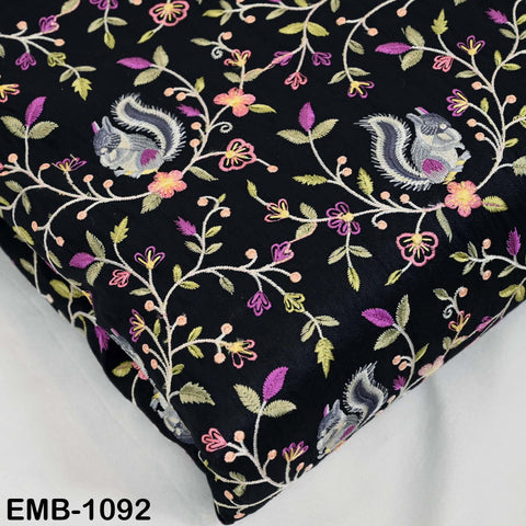 Black Viscose Fabric with Squirrel Embroidery, Floral Pattern, 44" Wide (1 Yard)