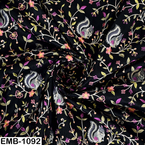 Black Viscose Fabric with Squirrel Embroidery, Floral Pattern, 44" Wide (1 Yard)