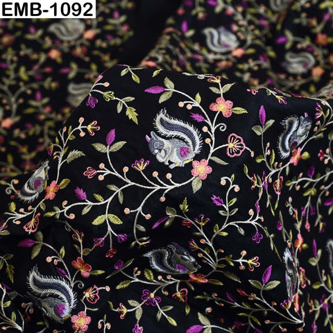 Black Viscose Fabric with Squirrel Embroidery, Floral Pattern, 44" Wide (1 Yard)