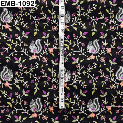 Black Viscose Fabric with Squirrel Embroidery, Floral Pattern, 44" Wide (1 Yard)