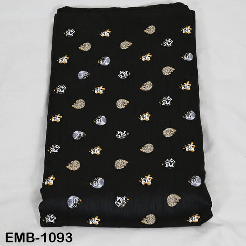 Black Viscose Fabric with Cats Embroidery, Floral Pattern, 44" Wide (1 Yard)