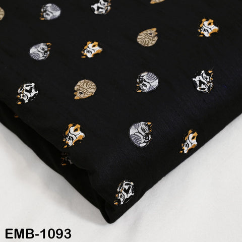 Black Viscose Fabric with Cats Embroidery, Floral Pattern, 44" Wide (1 Yard)