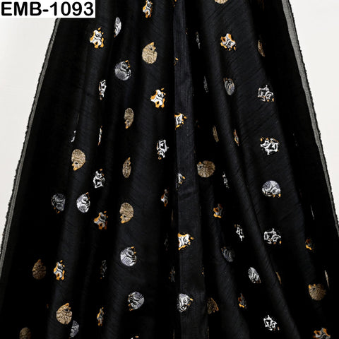 Black Viscose Fabric with Cats Embroidery, Floral Pattern, 44" Wide (1 Yard)
