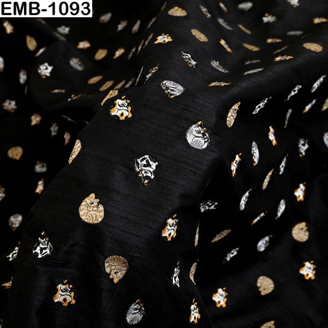 Black Viscose Fabric with Cats Embroidery, Floral Pattern, 44" Wide (1 Yard)