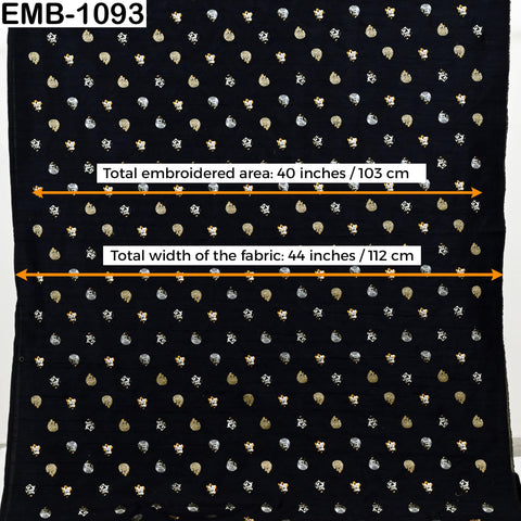 Black Viscose Fabric with Cats Embroidery, Floral Pattern, 44" Wide (1 Yard)