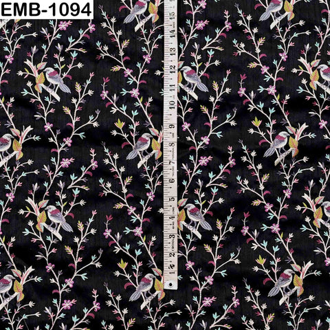 Black Viscose Fabric with Sparrow Embroidery, Floral Pattern, 44" Wide (1 Yard)