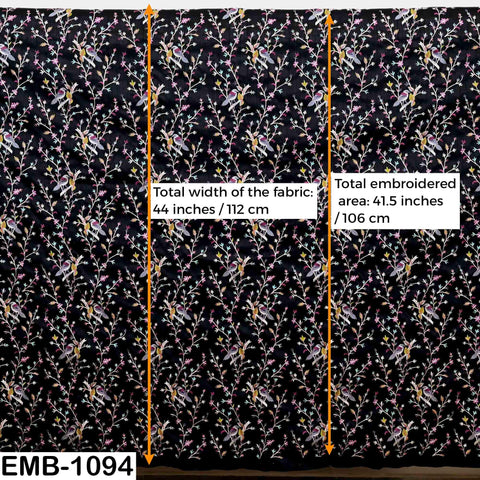 Black Viscose Fabric with Sparrow Embroidery, Floral Pattern, 44" Wide (1 Yard)