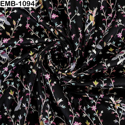 Black Viscose Fabric with Sparrow Embroidery, Floral Pattern, 44" Wide (1 Yard)