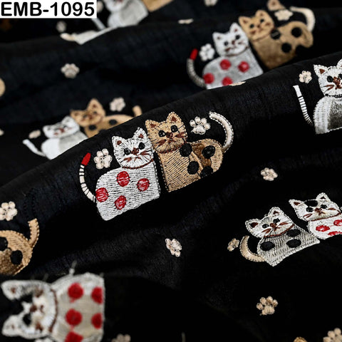 Black Viscose Fabric with Cats Embroidery, Floral Pattern, 44" Wide (1 Yard)