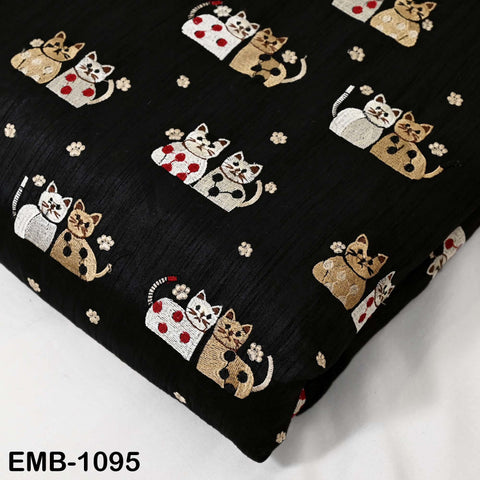 Black Viscose Fabric with Cats Embroidery, Floral Pattern, 44" Wide (1 Yard)