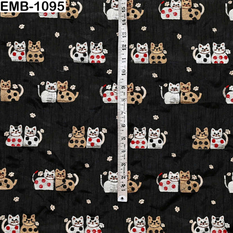 Black Viscose Fabric with Cats Embroidery, Floral Pattern, 44" Wide (1 Yard)