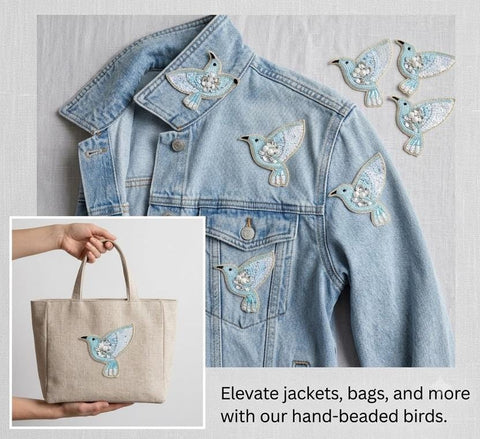 10 Pcs Hand Beaded Bird Appliques, Light Blue & Pearl Hummingbird Patches, Crystal Rhinestone Sew-On Motifs for Jackets, DIY Crafts