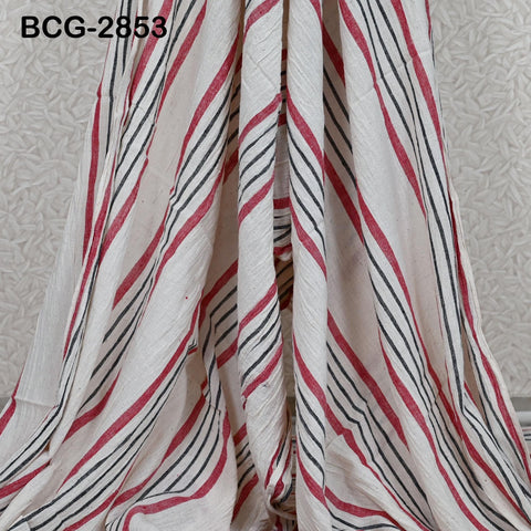 a close-up view of a fabric with a striped pattern in red and black. The fabric appears to be made of a soft, white material and has a textured appearance.
