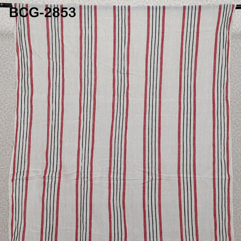 a white fabric with red and black vertical stripes.