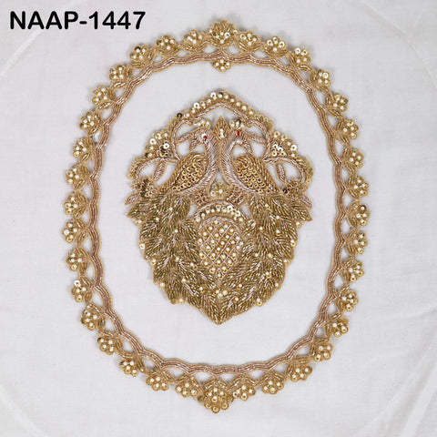 Hand Embroidered Zardozi Neck Patch for Blouse | Gold Peacock Motif Neckline Applique with Pearl & Bead Chains | Ethnic Craft Supply
