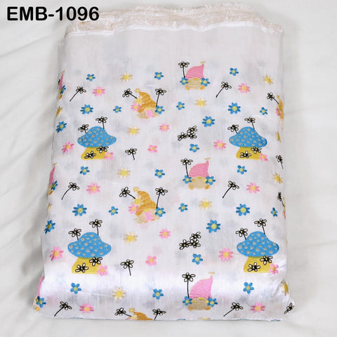 White viscose fabric with mashroom embroidery, floral pattern, 44" wide (1 yard)