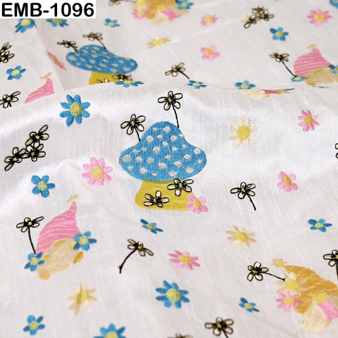 White viscose fabric with mashroom embroidery, floral pattern, 44" wide (1 yard)