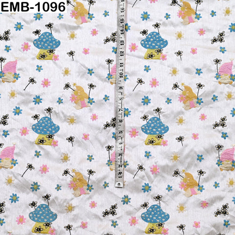 White viscose fabric with mashroom embroidery, floral pattern, 44" wide (1 yard)