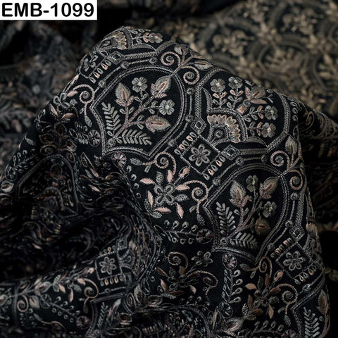 Black Embroidered Viscose Dupioni Fabric by the Yard: Indian Wedding Dress, Costume Crafting