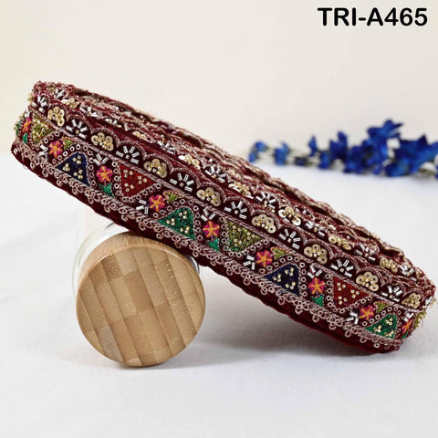 Maroon Indian Embroidery Velvet Ribbon Trim: Beaded Sari Border 1 Meter (1.8 inch)