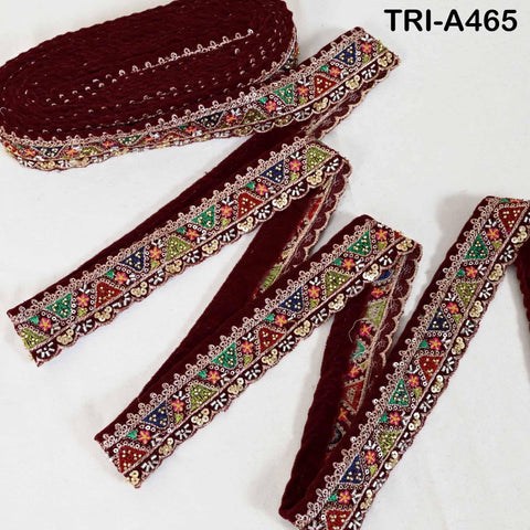 Maroon Indian Embroidery Velvet Ribbon Trim: Beaded Sari Border 1 Meter (1.8 inch)