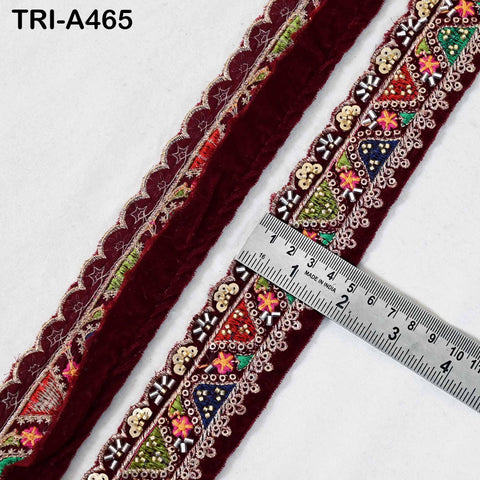 Maroon Indian Embroidery Velvet Ribbon Trim: Beaded Sari Border 1 Meter (1.8 inch)